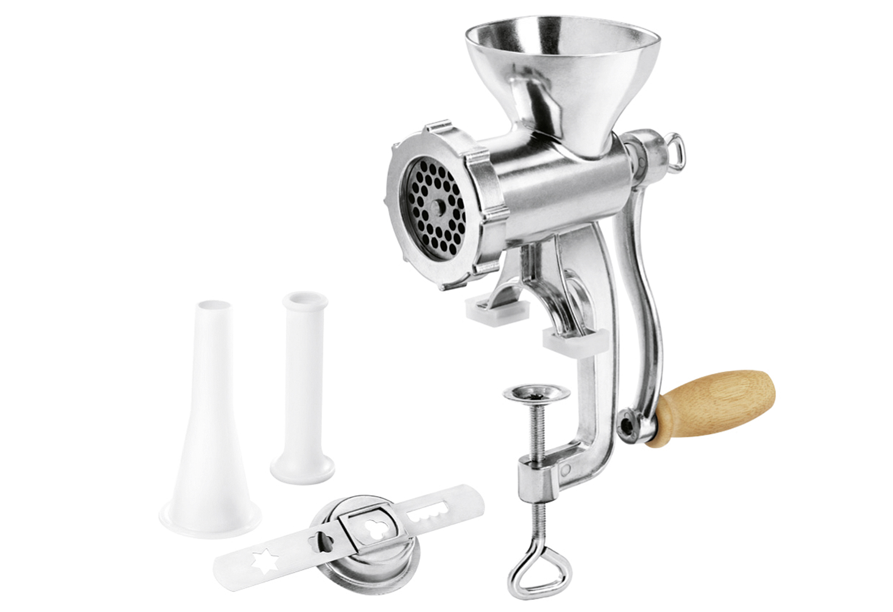 METALTEX Fleischwolf 'Jack' Gr. 5 4-teilig 5-teilig, Spritzgebäckaufsatz, Wurstfülltrichter und Stößel, mit Holzkurbel und Tischbefestigung