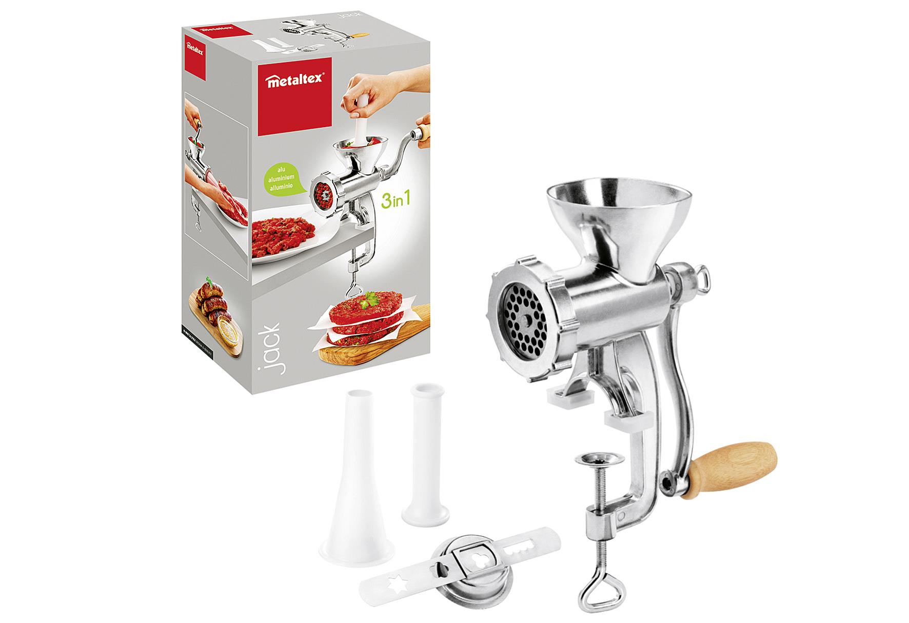 METALTEX Fleischwolf 'Jack' Gr. 5 4-teilig 5-teilig, Spritzgebäckaufsatz, Wurstfülltrichter und Stößel, mit Holzkurbel und Tischbefestigung