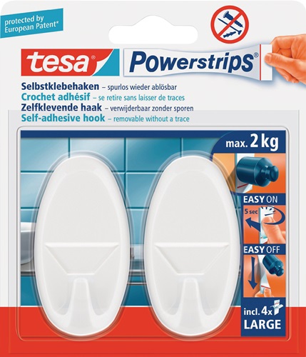 Deko Haken Powerstrips® Haken LARGE 58013 58013 Größe L (70x37 mm) oval weiß 2 Haken/4 Strips TESA